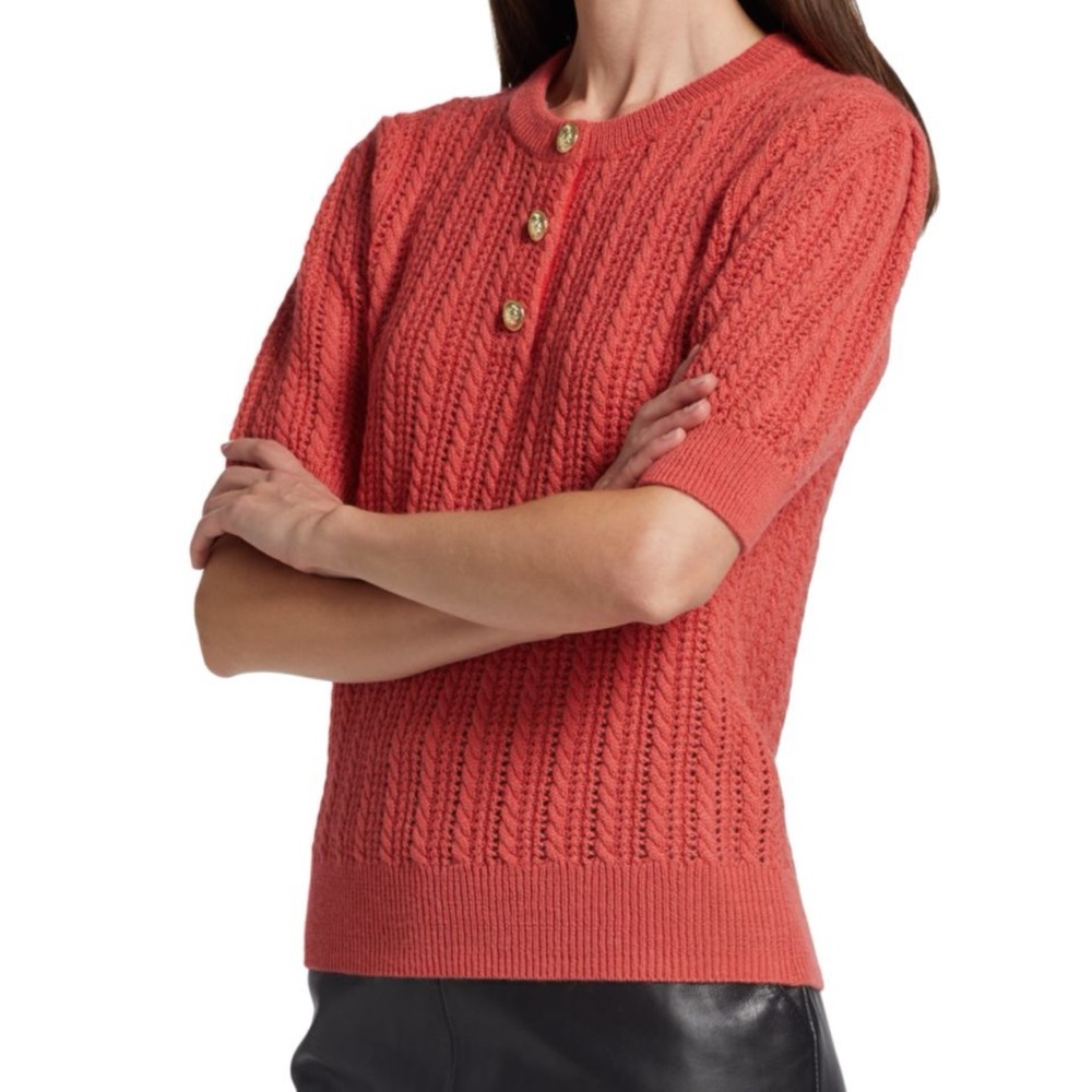 Derek Lam 10 Crosby coral Cable Knit short sleeve Sweater w/ Gold Buttons sz S
